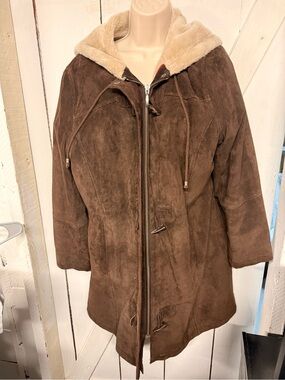 Covington Women's Brown Suede Hooded Coat with Cream Faux Fur Lining